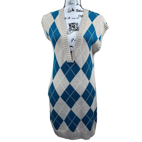 JJ Basics Light Brown long knit sweater/ dress blue checkers size XL academia - Picture 1 of 12